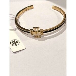 NWT Tory Burch Miller Black Enamel Gold Tone Double T Logo Cuff Bracelet 7"